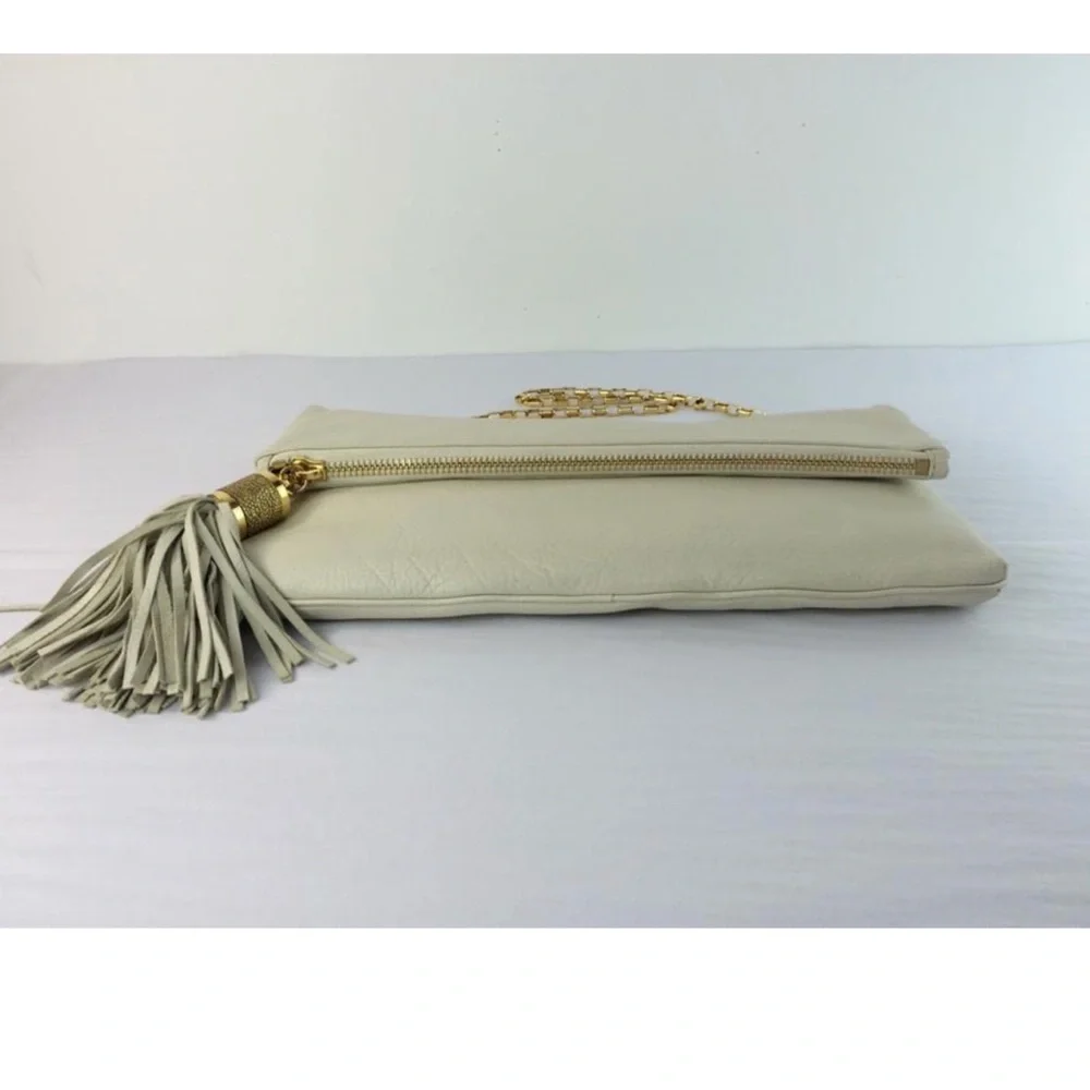 Michael Kors Collection Tonne Large Foldover Tassel Clutch Ecru Leather NWT